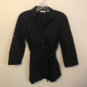 NY&Co V-Neck Tie Waist Three Quarter Sleeve Button Down in Black Size XS